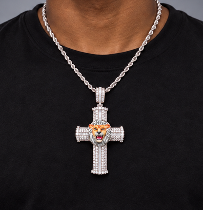 14K Gold Natural Diamond Cross Pendant with Enamel Lion Head
