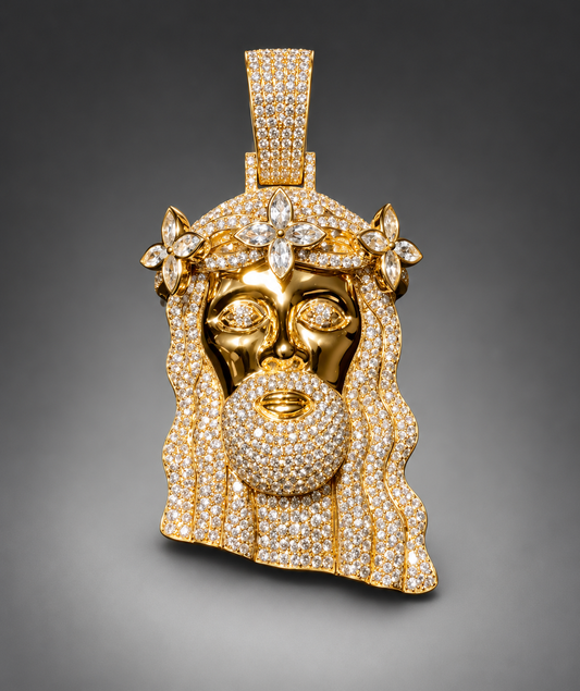 14K Yellow Gold Jesus Piece Pendant with Marquise Flower Crown Natural Diamond Pendant