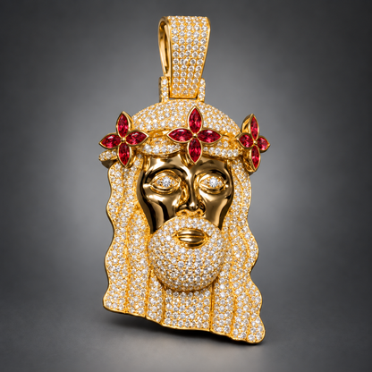 10K Yellow Gold Diamond Jesus Piece Pendant with Red Sapphire Flower Crown