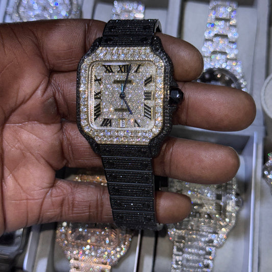 Iced-Out Black Cartier-Style Santos Watch – Fully Bust Down with Black Diamonds & White Diamonds
