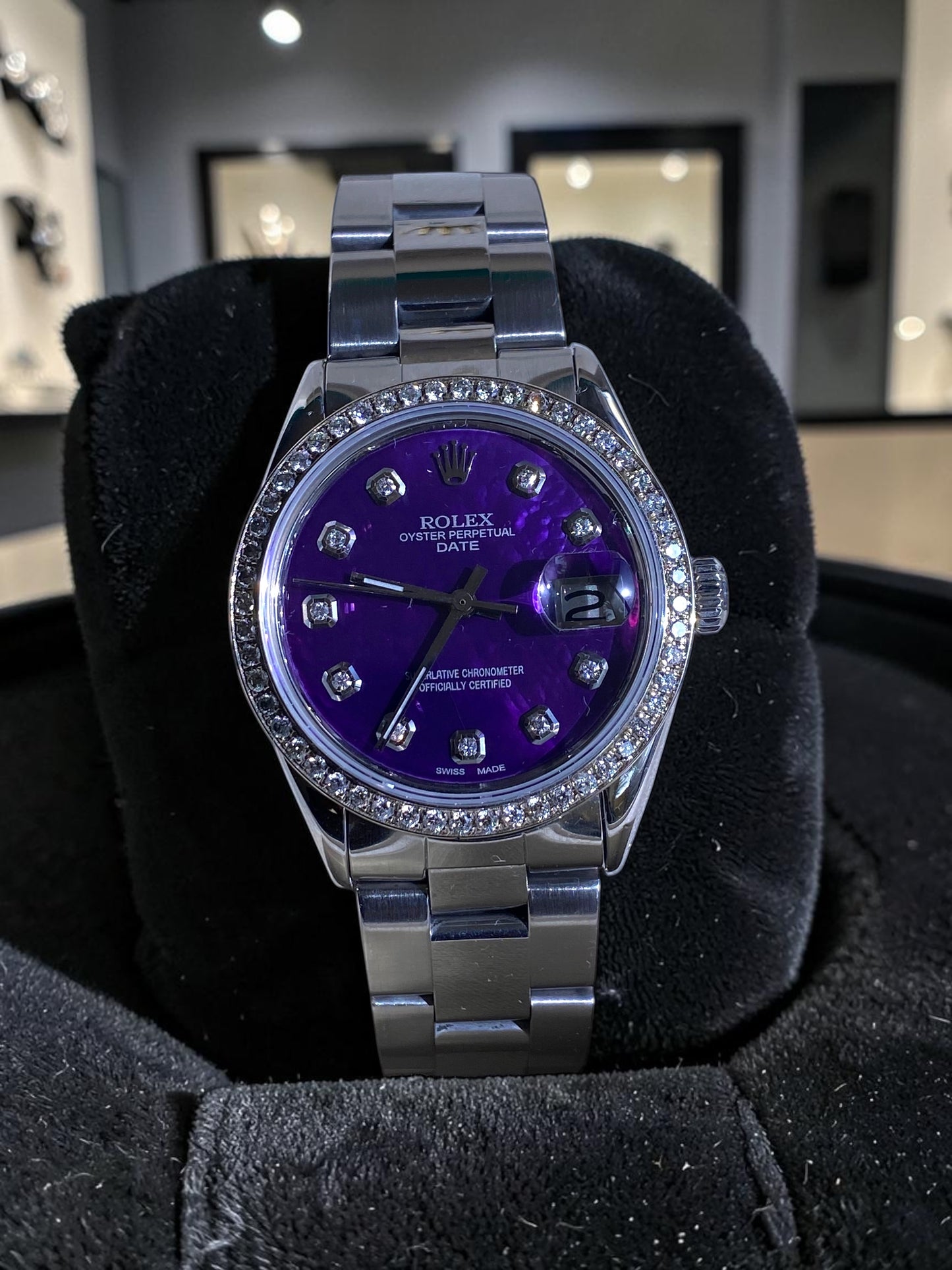 Rolex Datejust 34mm Diamond Bezel Purple Mother of Pearl Dial