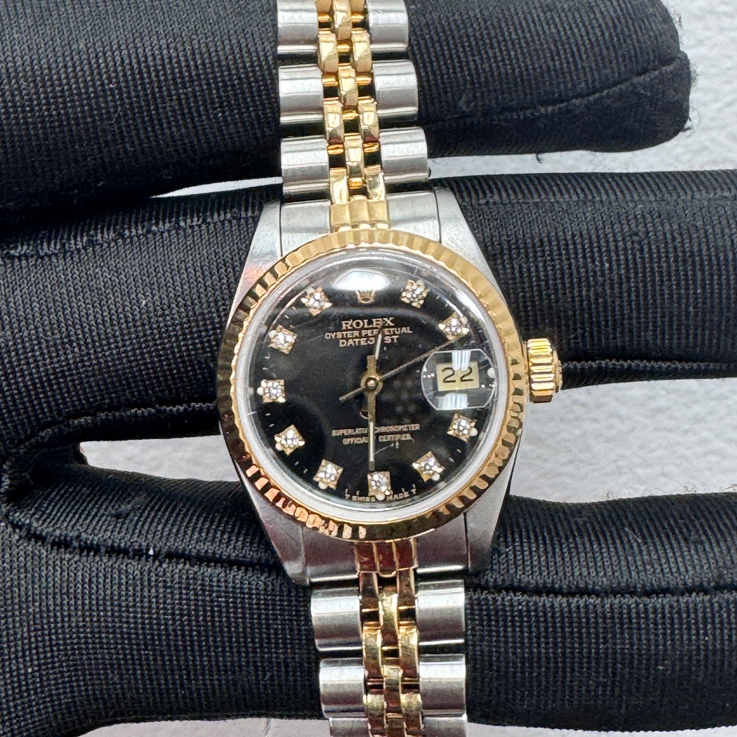 Women’s Rolex 26MM Datejust Two-Tone (Stainless Steel & 18K Yellow Gold) with a factory diamond hour-marker dial
