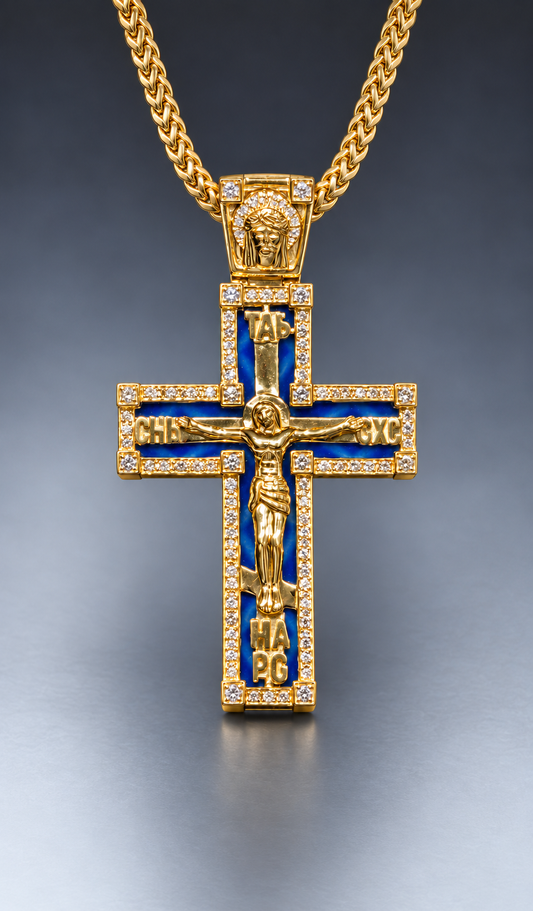 14K Yellow Gold Enamel Jesus Cross Pendant with Diamond Border & Diamond Jesus Bail