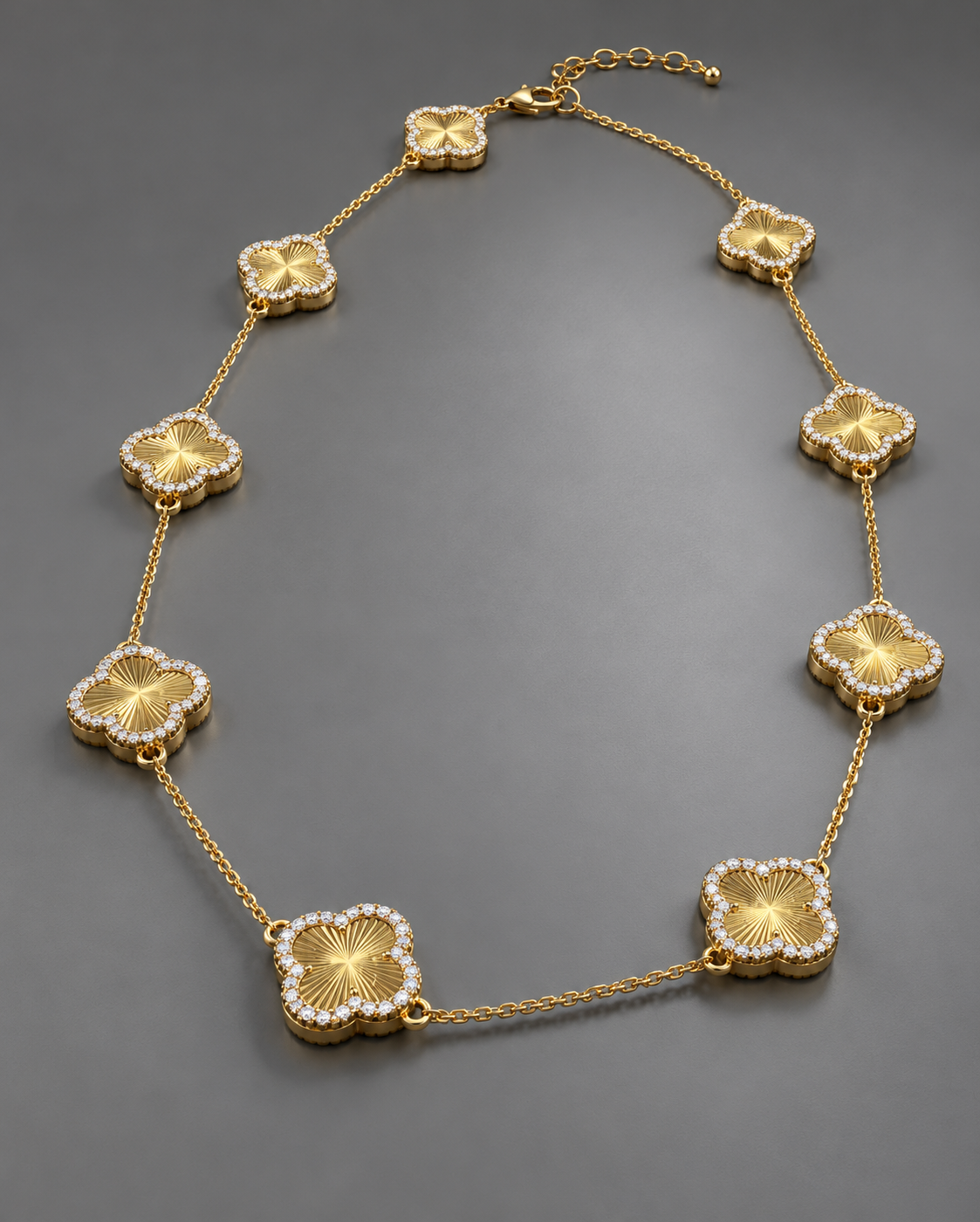 14K Yellow Gold Diamond Clover Station Necklace | Luxury Designer Style