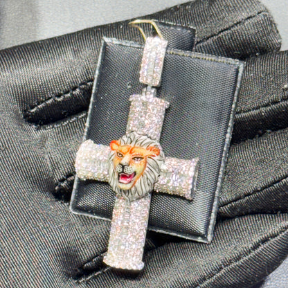 14K Gold Diamond Cross Pendant with Enamel Lion Head – 2.41 CT Iced Out