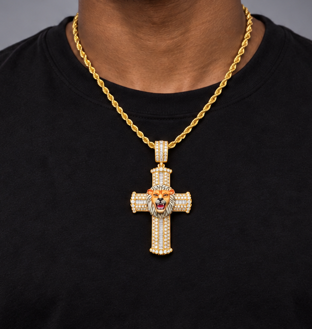 14K Gold Natural Diamond Cross Pendant with Enamel Lion Head