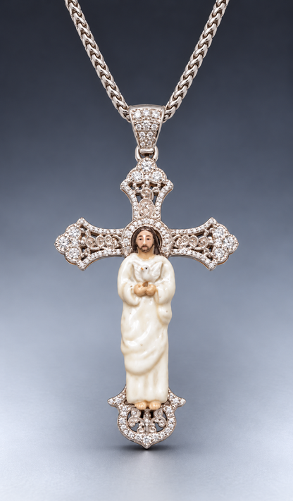 14K Gold Enamel Jesus Cross Pendant Natural Diamond
