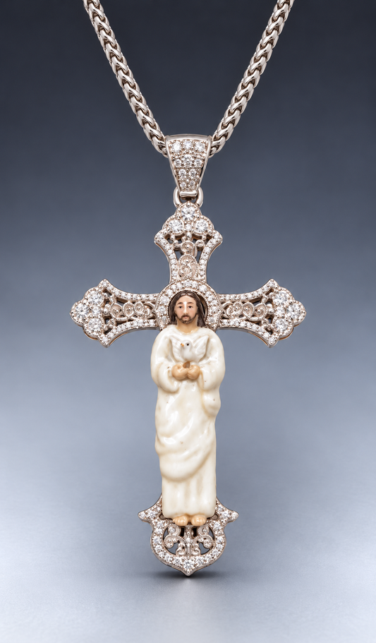 14K Gold Enamel Jesus Cross Pendant Natural Diamond