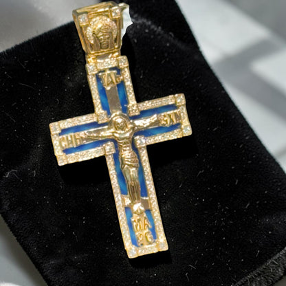 14K Yellow Gold 1.45” Enamel Jesus Cross Pendant with Diamond Border & Diamond Jesus Bail