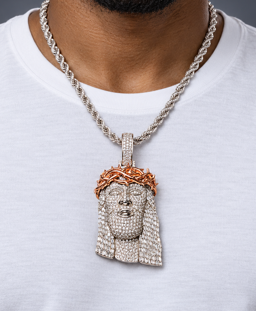 14K Gold Round & Baguette Natural Diamond Jesus Pendant w Polish Thorn Crown