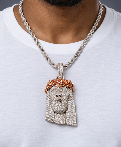14K Gold Round & Baguette Natural Diamond Jesus Pendant w Polish Thorn Crown
