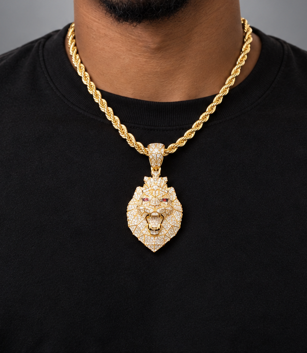 14K Gold 3D Lion Face Pendant with Natural Diamonds, Diamond Crown & Red Diamond Eyes