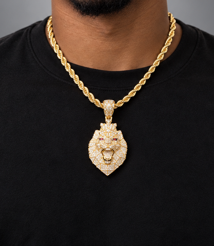 14K Gold 3D Lion Face Pendant with Natural Diamonds, Diamond Crown & Red Diamond Eyes