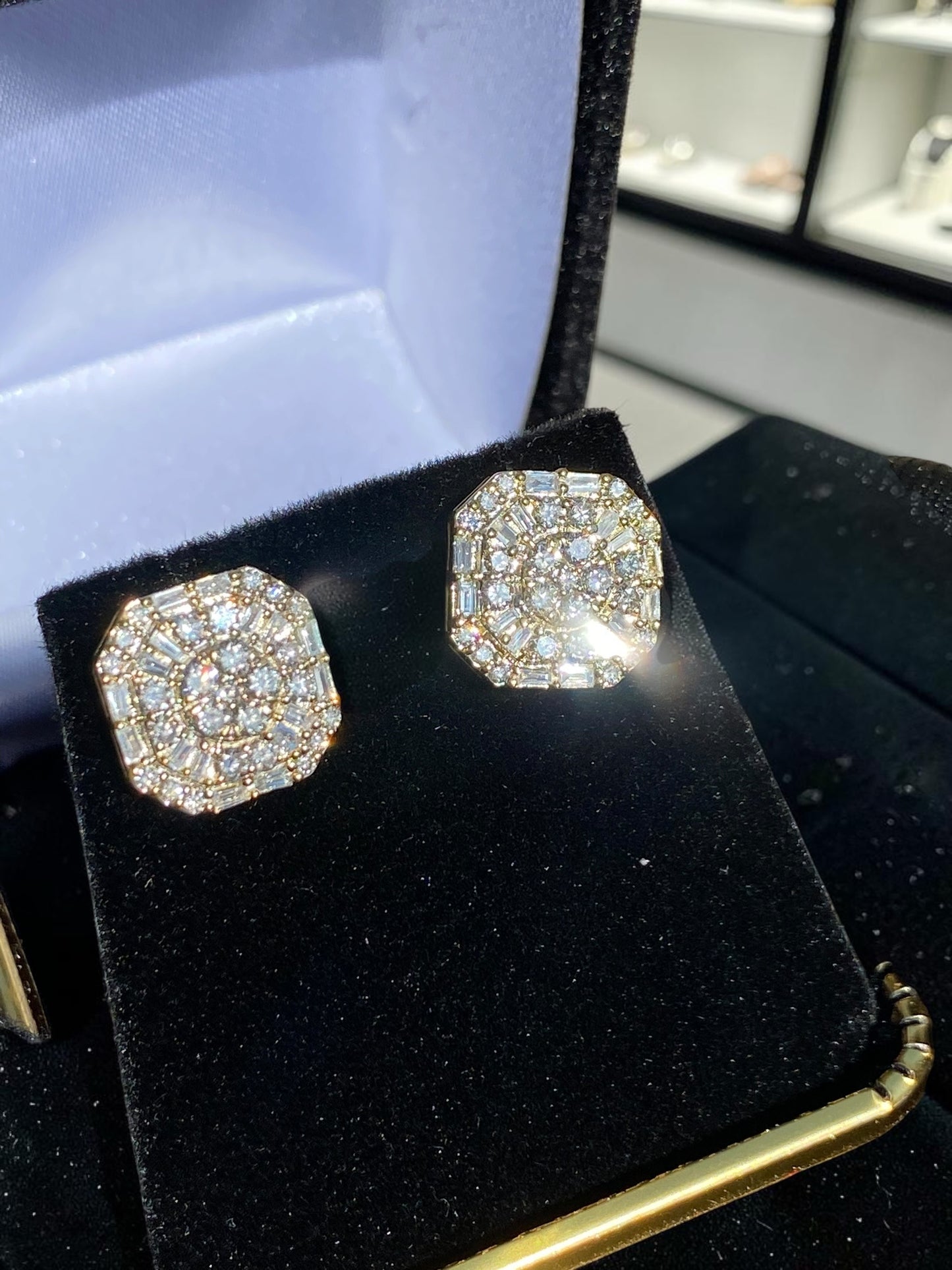 10K Gold Baguette & Round Diamond Octagon Earrings 1.04 Carats – Iced Out Hip Hop Studs