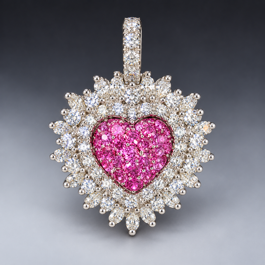 14K White Gold .45” Heart Pendant with 0.65 CT Natural Round Diamonds, 0.30 CT Pink Sapphires & Baguette Accents