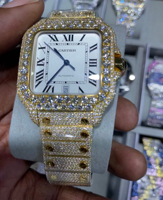 Original Cartier Santos 18k Rose & Yellow Gold Bust Down Watch – Fully Iced Out with Natural Diamonds w Box & Card