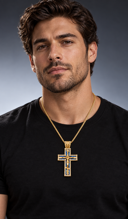 14K Yellow Gold Enamel Jesus Cross Pendant with Diamond Border & Diamond Jesus Bail