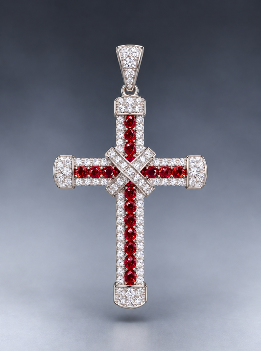 14K White Gold Diamond & Ruby Cross Pendant
