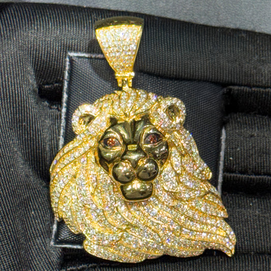 10K Gold 1.25” Lion Face Pendant with 3.15 CT Natural Diamonds & Red Diamond Eyes