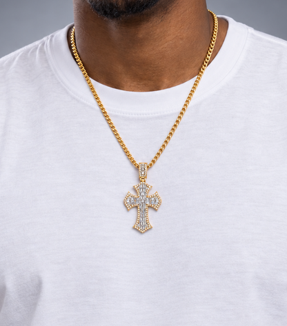 14K Gold Baguette& Round Diamond Cross Pendant