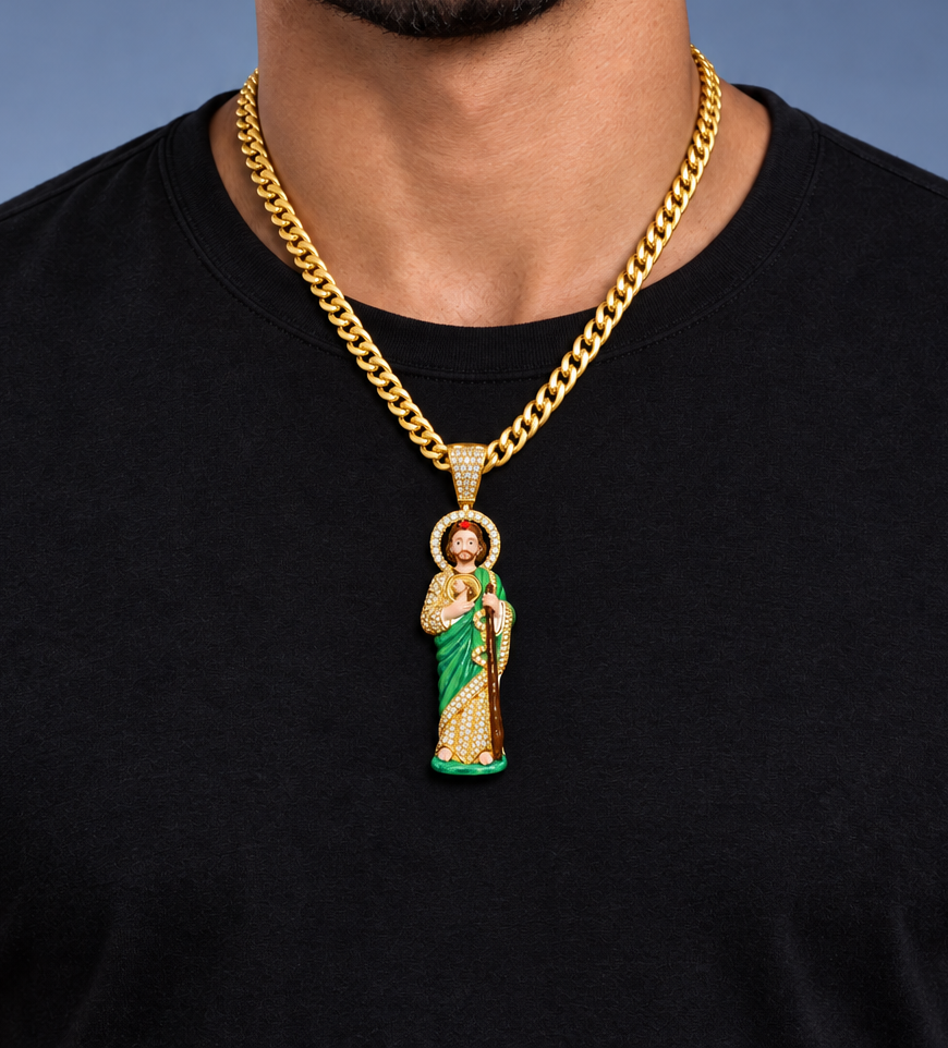 3” Heavy 10K Yellow Gold Diamond Jesus Pendant – Hand-Finished Enamel