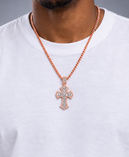 14K Gold Baguette& Round Diamond Cross Pendant