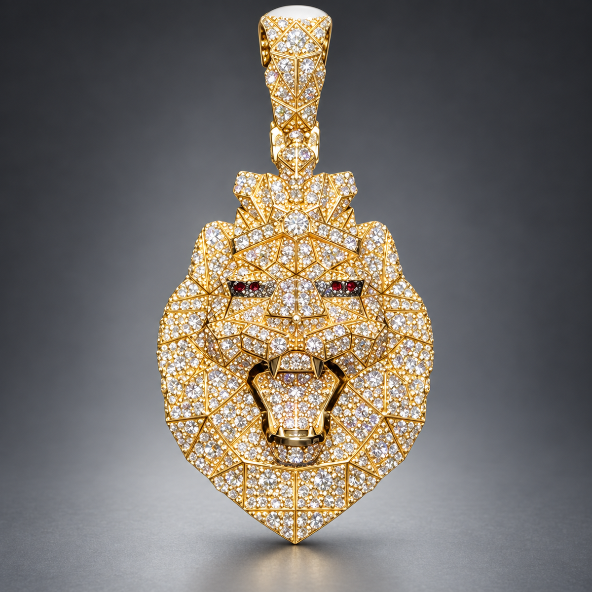 14K Gold 3D Lion Face Pendant with Natural Diamonds, Diamond Crown & Red Diamond Eyes