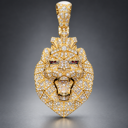 14K Gold 3D Lion Face Pendant with Natural Diamonds, Diamond Crown & Red Diamond Eyes