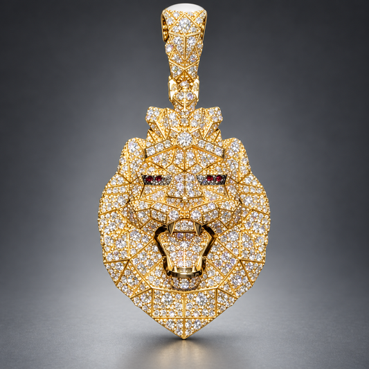 14K Gold 3D Lion Face Pendant with Natural Diamonds, Diamond Crown & Red Diamond Eyes