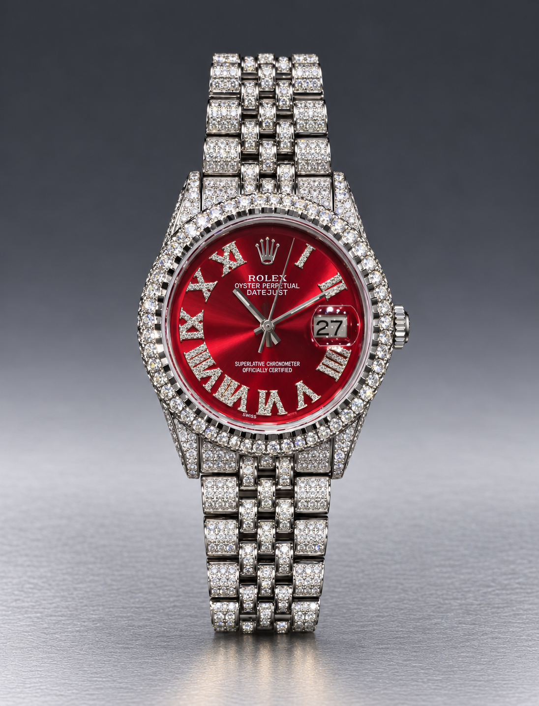 Rolex Datejust 36mm – Fully Iced Out | Diamond Roman Numeral Ruby Red Dial