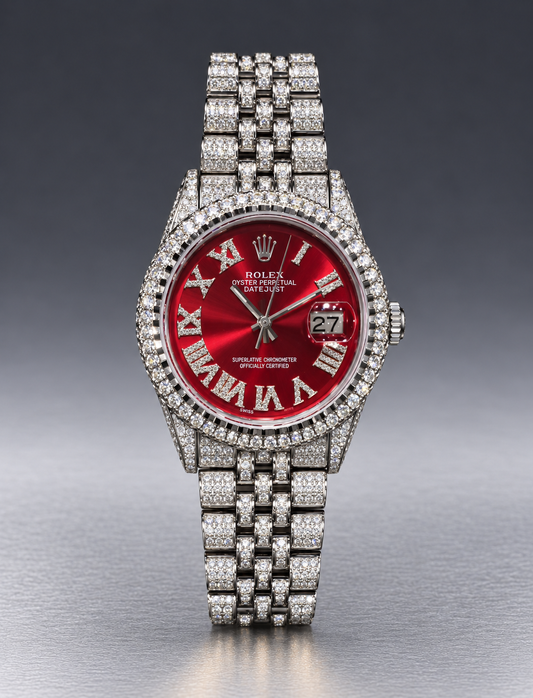 Rolex Datejust 36mm – Fully Iced Out | Diamond Roman Numeral Ruby Red Dial