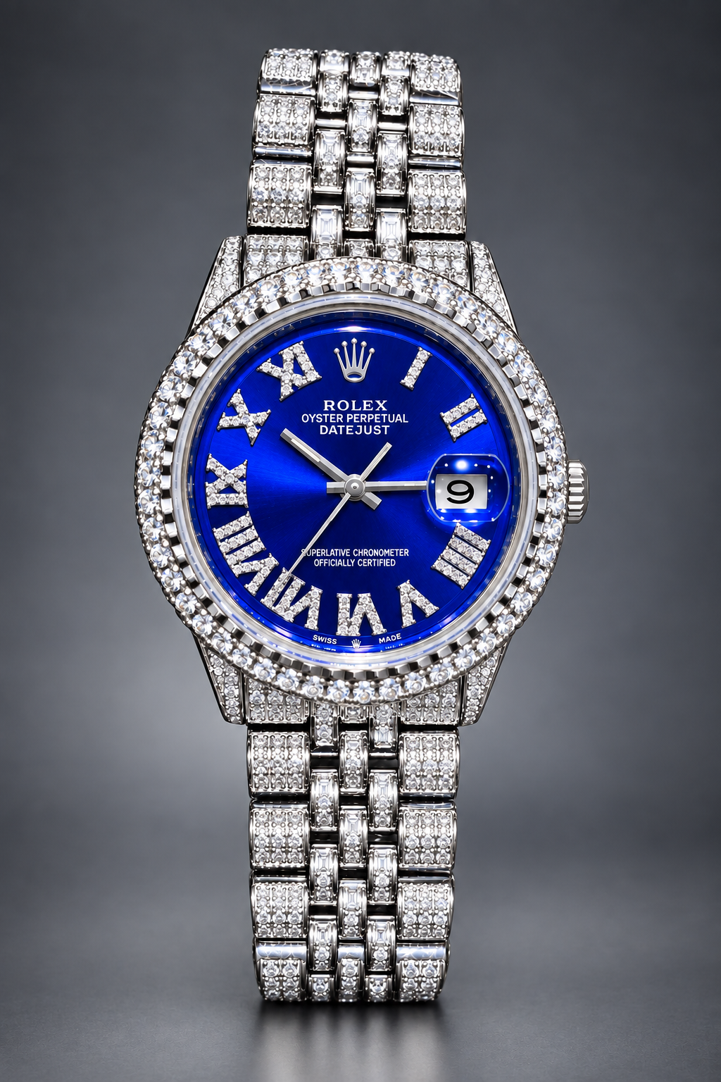 Rolex Datejust 36mm – Fully Iced Out | Royal Blue Roman Numeral Diamond Dial