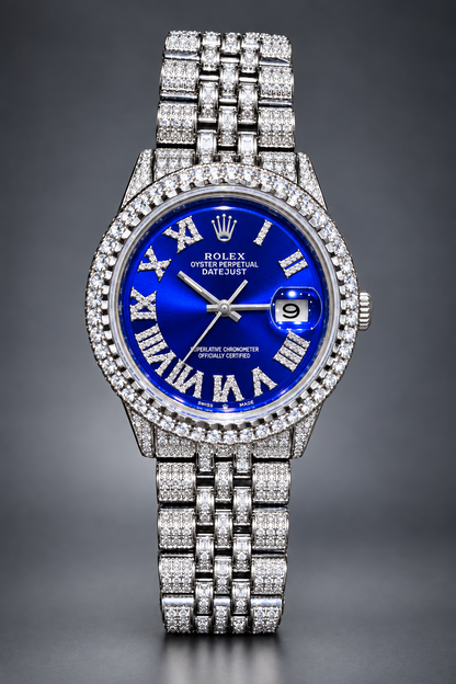 Rolex Datejust 36mm – Fully Iced Out | Royal Blue Roman Numeral Diamond Dial