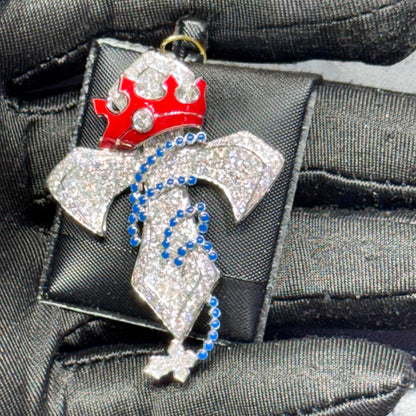 10K Gold Diamond Cross Pendant with Red Crown & Blue Bead Detailing