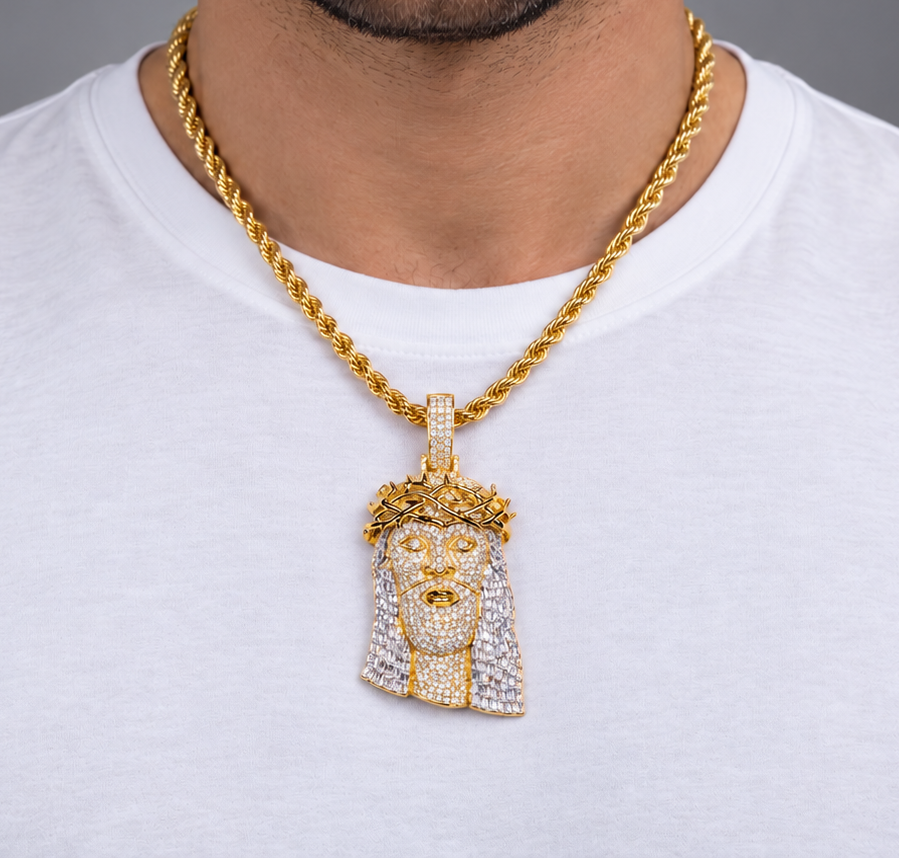 14K Gold Round & Baguette Natural Diamond Jesus Pendant w Polish Thorn Crown