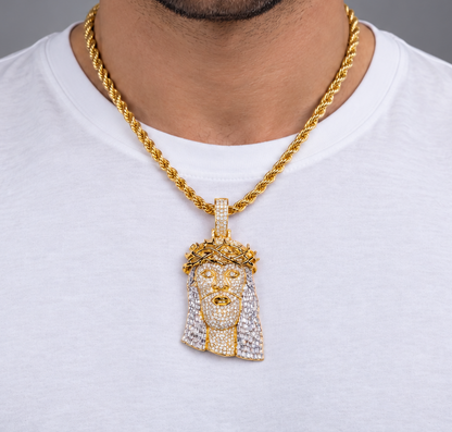 14K Gold Round & Baguette Natural Diamond Jesus Pendant w Polish Thorn Crown