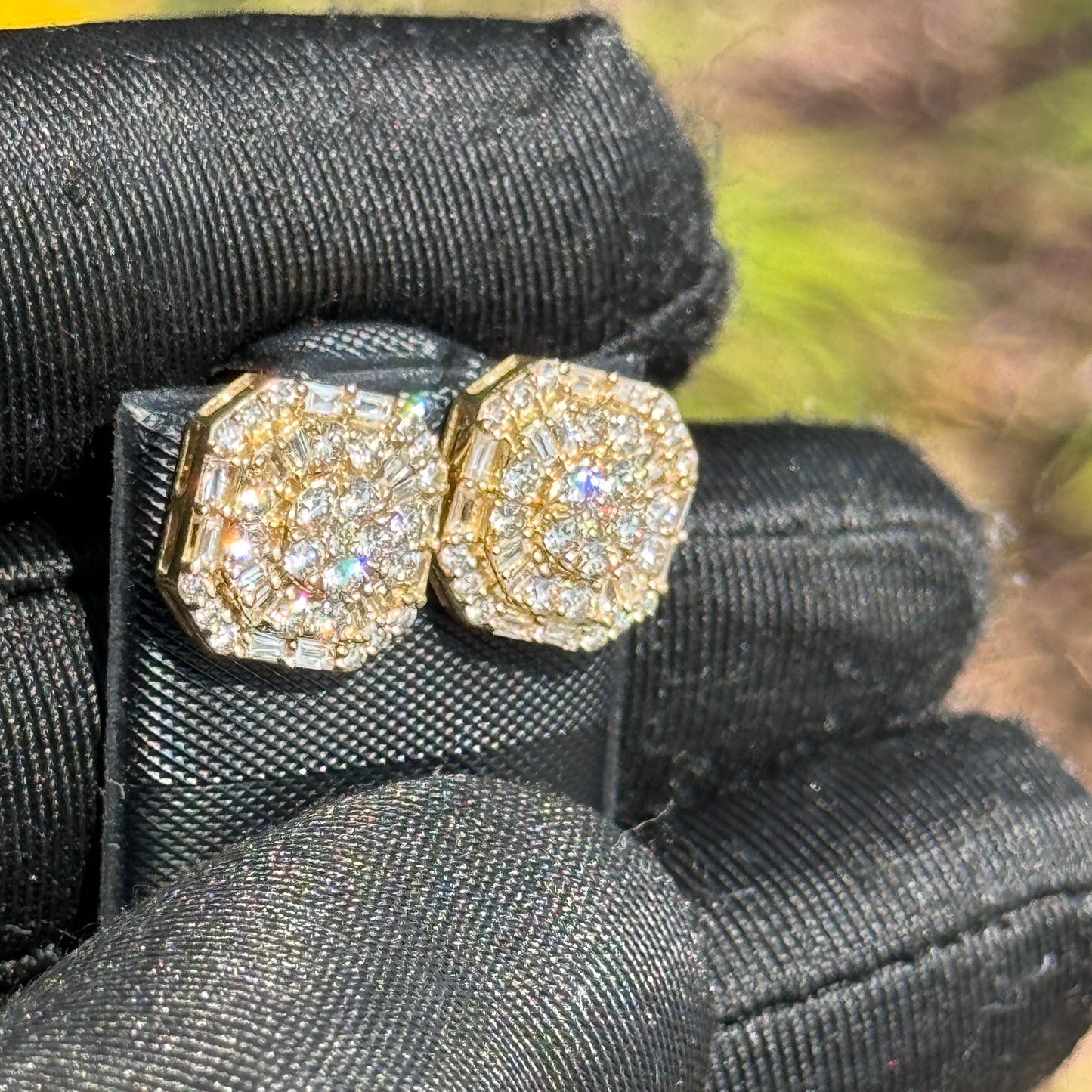 10K Gold Baguette & Round Diamond Octagon Earrings 1.04 Carats – Iced Out Hip Hop Studs