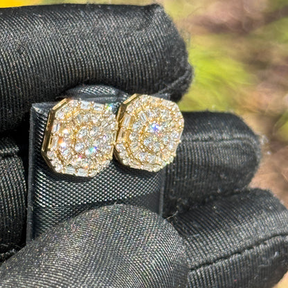 10K Gold Baguette & Round Diamond Octagon Earrings 1.04 Carats – Iced Out Hip Hop Studs