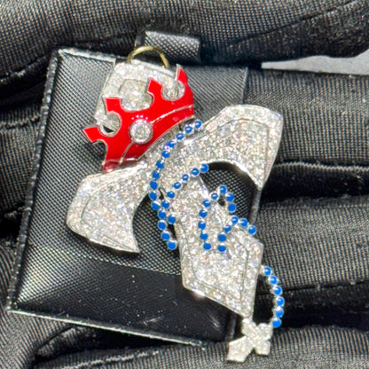 10K Gold Diamond Cross Pendant with Red Crown & Blue Bead Detailing