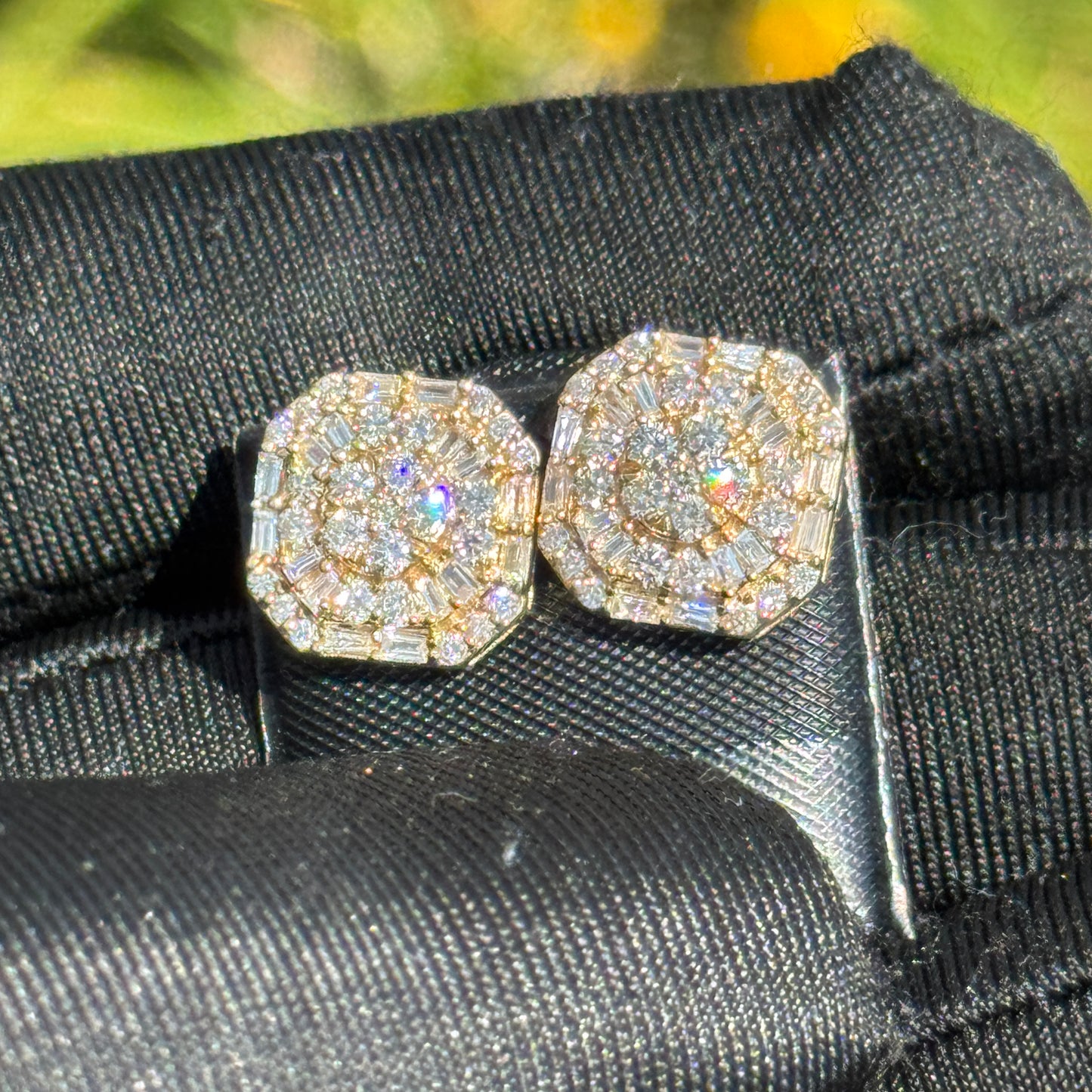 10K Gold Baguette & Round Diamond Octagon Earrings 1.04 Carats – Iced Out Hip Hop Studs