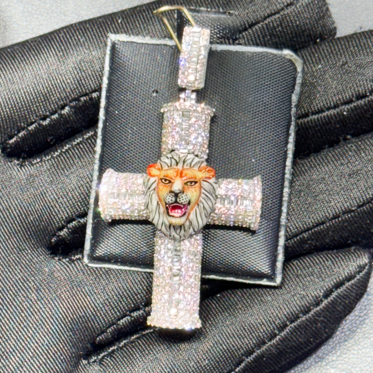 14K Gold Diamond Cross Pendant with Enamel Lion Head – 2.41 CT Iced Out