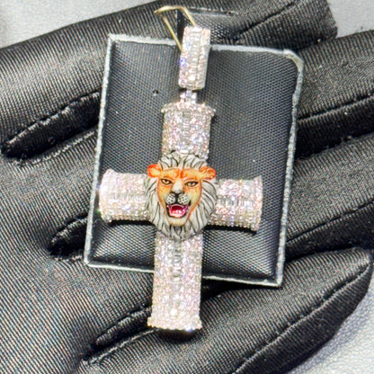 14K Gold Diamond Cross Pendant with Enamel Lion Head – 2.41 CT Iced Out