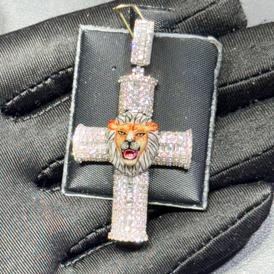 14K Gold Diamond Cross Pendant with Enamel Lion Head – 2.41 CT Iced Out