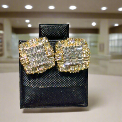 1.00ct Yellow Gold Baguette & Round Diamond Cluster Earrings – Iced Out Hip Hop Studs
