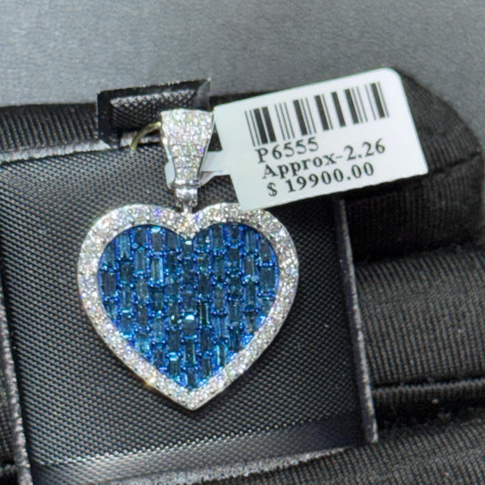 14K White Gold Blue Baguette Diamond Heart Pendant – 2.26 CT
