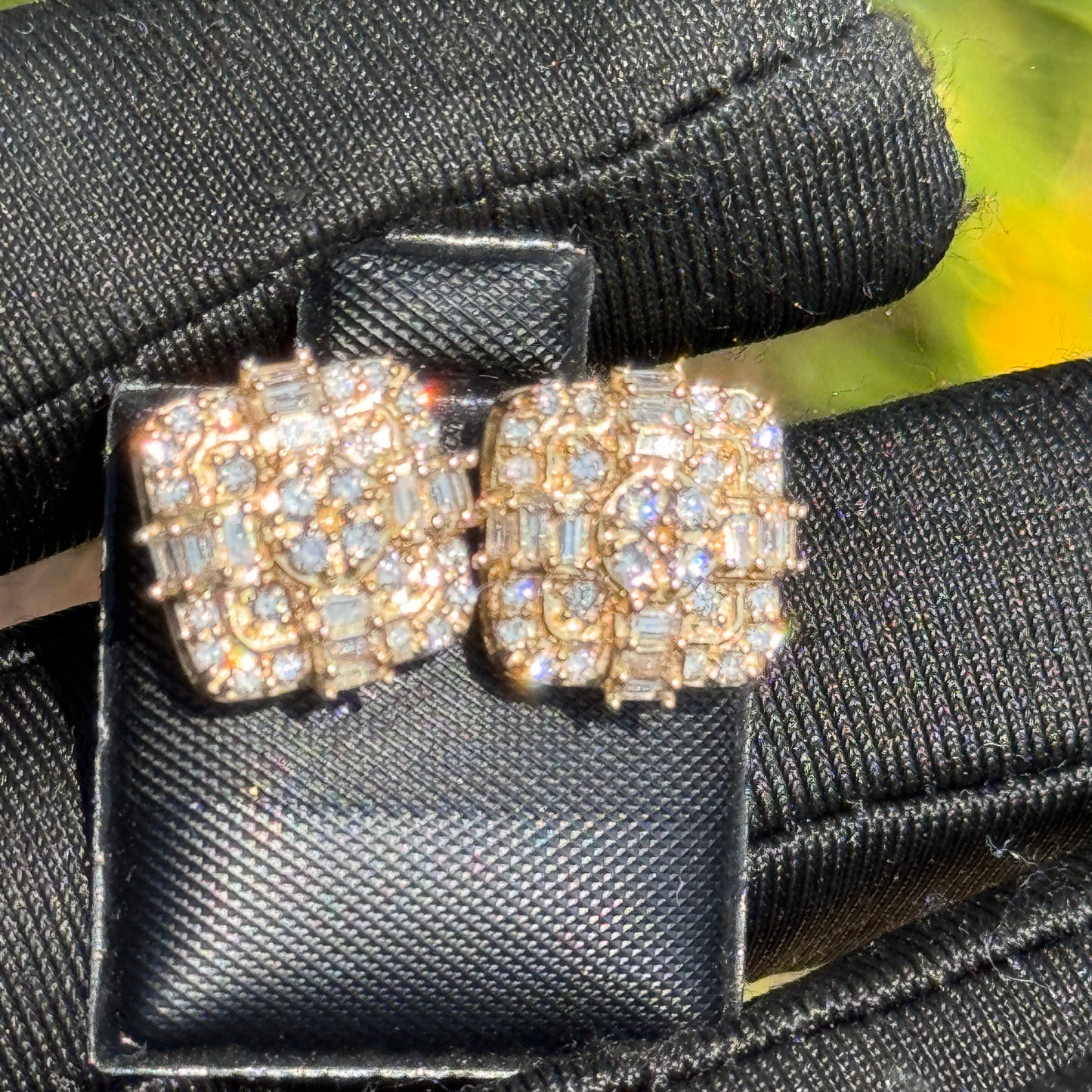 Yellow Gold Baguette & Round Diamond Grid Cluster Earrings 0.81ct– Iced Out Hip Hop Studs
