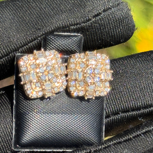 Yellow Gold Baguette & Round Diamond Grid Cluster Earrings 0.81ct– Iced Out Hip Hop Studs