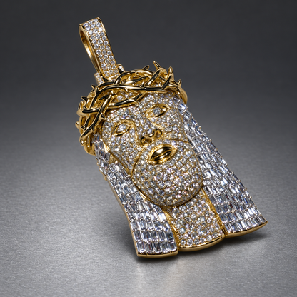 14K Gold Round & Baguette Natural Diamond Jesus Pendant w Polish Thorn Crown