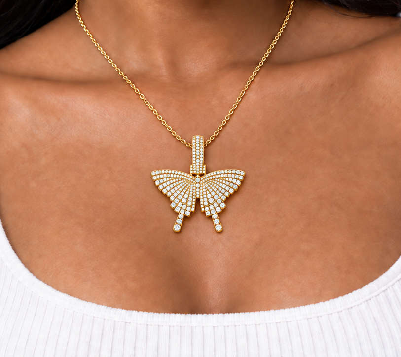14K Yellow or Rose Gold Diamond Butterfly Pendant