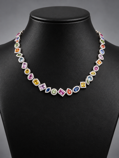 18” Luxury Unisex Multi-Gemstone Diamond Necklace in 14K Solid Gold